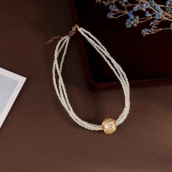 3/$35 Elegant Multi-Strand Faux Pearl Choker Vintage Style Gold Ball Bead Bride - Picture 8 of 10